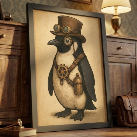 Steampunk Pinguin – Viktorianisches Tierportrait A4