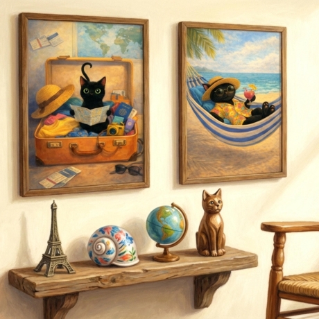 5er Postkarten Set Reise-Katze – Süße schwarze Katze im Urlaub