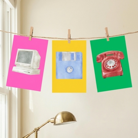 6er Set Retro Mini Print – mit Kassette, Telefon & Diskette,
