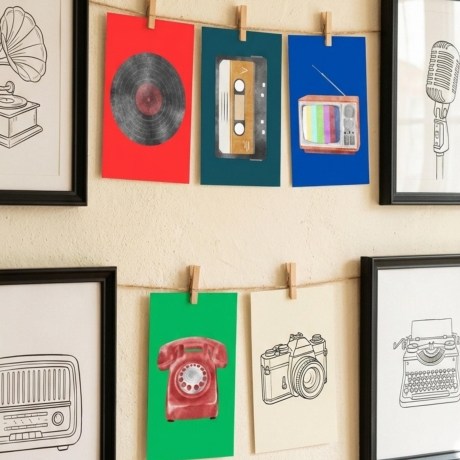 6er Set Retro Mini Print – mit Kassette, Telefon & Diskette,