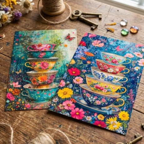 Moni Print Set Kunst - 4er Set Teetassen & Blumen 