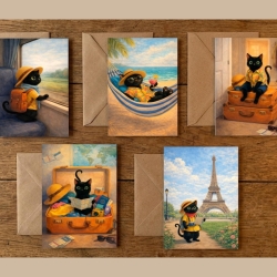 5er Postkarten Set Reise-Katze – Süße schwarze Katze im Urlaub
