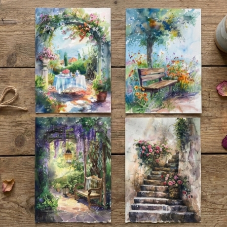 Garten Kunstkarten Set 4er Sommeridyll, Aquarell 