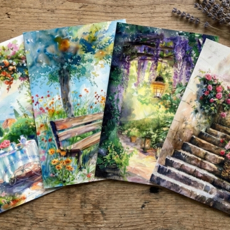 Garten Kunstkarten Set 4er Sommeridyll, Aquarell 