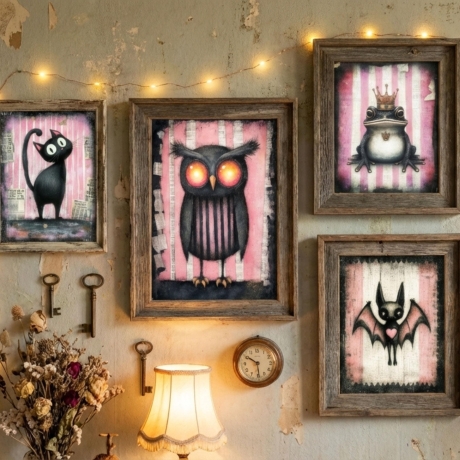 Spooky Animals Postkarten Set – Gothic Katze Eule Fledermaus