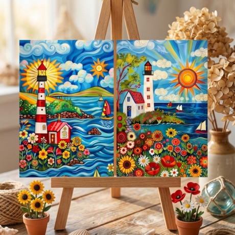 Volkskunst-Set Maritime Mini Print | 4er Set Leuchtturm | 13 x 18