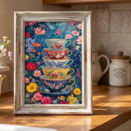 Moni Print Set Kunst - 4er Set Teetassen & Blumen 