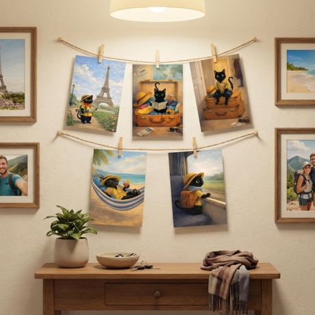 5er Postkarten Set Reise-Katze – Süße schwarze Katze im Urlaub