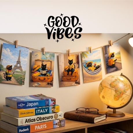 5er Postkarten Set Reise-Katze – Süße schwarze Katze im Urlaub