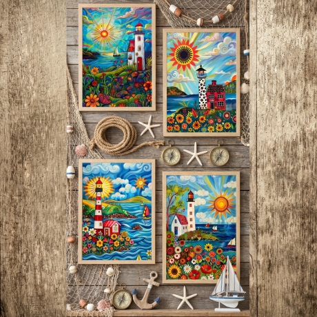 Volkskunst-Set Maritime Mini Print | 4er Set Leuchtturm | 13 x 18