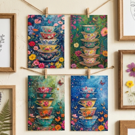 Moni Print Set Kunst - 4er Set Teetassen & Blumen 