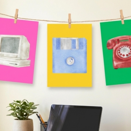 6er Set Retro Mini Print – mit Kassette, Telefon & Diskette,