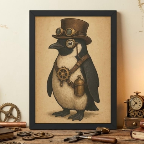 Steampunk Pinguin – Viktorianisches Tierportrait A4