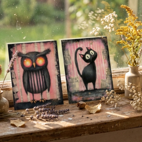 Spooky Animals Postkarten Set – Gothic Katze Eule Fledermaus