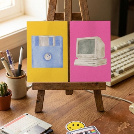 6er Set Retro Mini Print – mit Kassette, Telefon & Diskette,