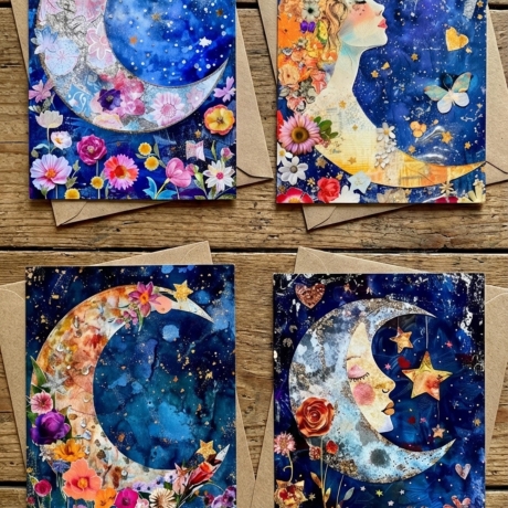 4er Set Karten Mondphasen Kunst & Astrologie – Magische Deko,Boho