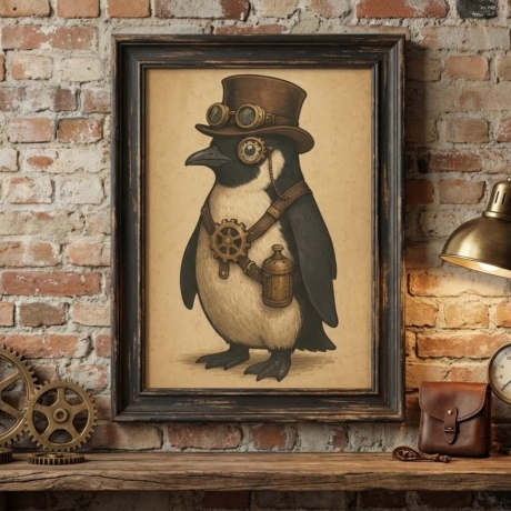 Steampunk Pinguin – Viktorianisches Tierportrait A4