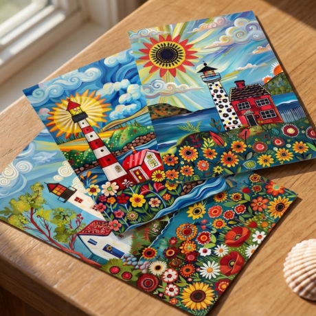 Volkskunst-Set Maritime Mini Print | 4er Set Leuchtturm | 13 x 18