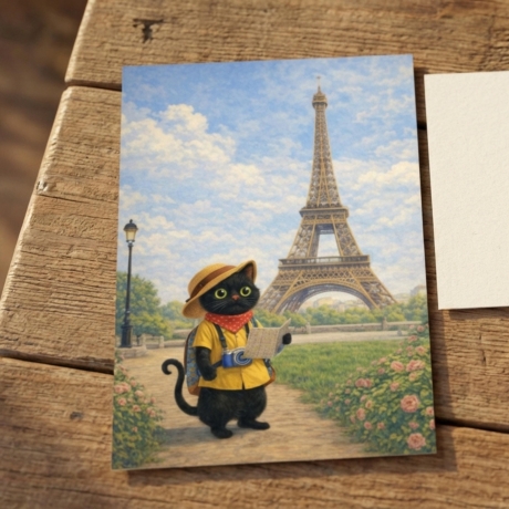 5er Postkarten Set Reise-Katze – Süße schwarze Katze im Urlaub