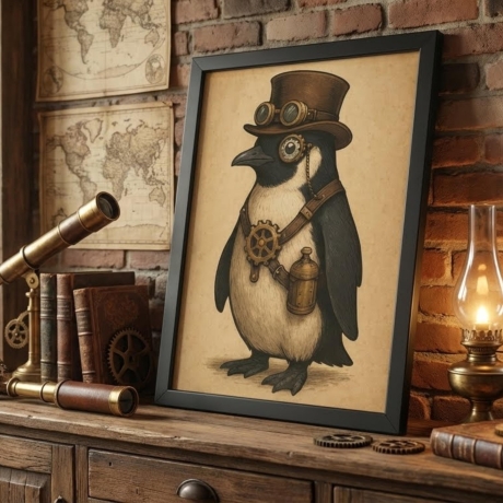 Steampunk Pinguin – Viktorianisches Tierportrait A4