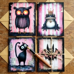Spooky Animals Postkarten Set – Gothic Katze Eule Fledermaus