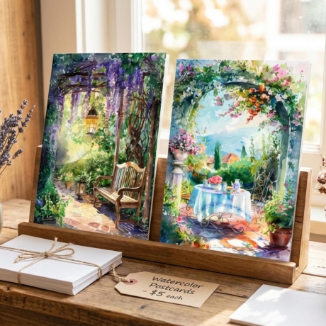 Garten Kunstkarten Set 4er Sommeridyll, Aquarell 