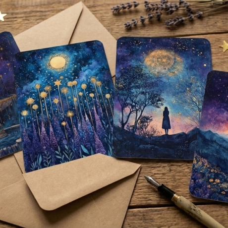 Mystisches 4er Mini Print Set 13x18 cm – Mond & Sternenhimmel 