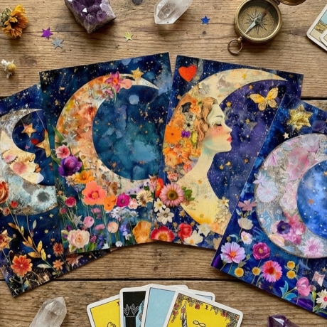 4er Set Karten Mondphasen Kunst & Astrologie – Magische Deko,Boho