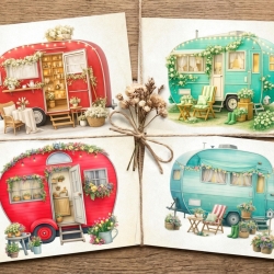 4er Set Retro Wohnwagen Postkarten, Aquarell Camping Deko