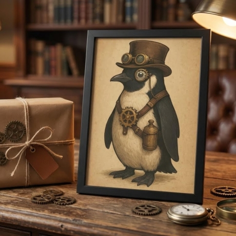 Steampunk Pinguin – Viktorianisches Tierportrait A4