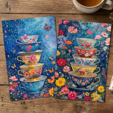 Moni Print Set Kunst - 4er Set Teetassen & Blumen 