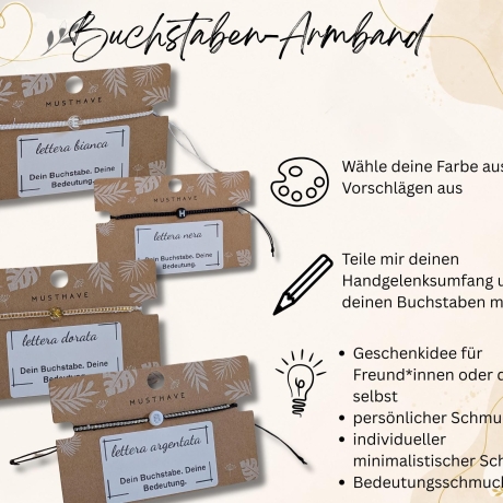 personalisiertes Armband Buchstabe | Schwarz, Weiß, Gold, Silber