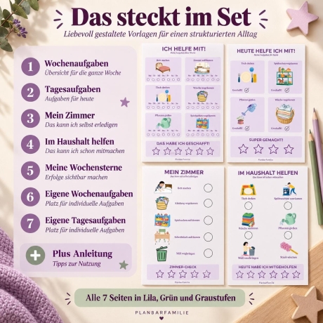 Aufgabenplan Kinder | 7 Seiten PDF | Grün & Lila