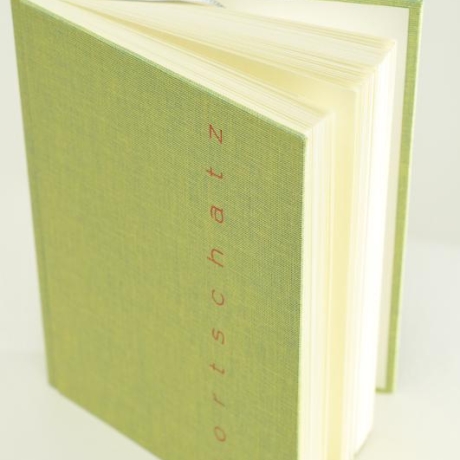 Notizbuch Spruch, blanko, handgefertigt, ca. A6, Gewebe, Prägung