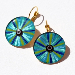 Brisuren Ohrringe mit Auge in Türkis Blau Grün, runde Fassung