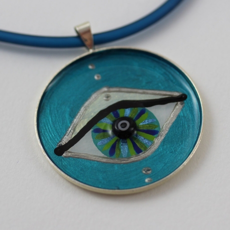 Halskette mit Auge, Schmuck handbemalt, Kette in Meeresfarben