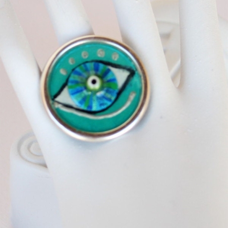Unikat Ring mit Horus Auge türkis petrol, Glücksbringer Schmuck