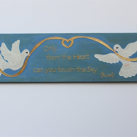 Rumi Zitat Wand Deko Bild mit weißen Tauben und goldenem Band