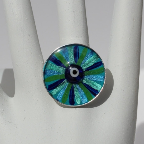 Ring mit Glücksbringer Auge in Türkis Blau in runder Fassung