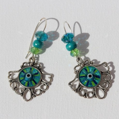 Ohrringe mit Auge in filigranen Blumen, Ohrschmuck türkis blau