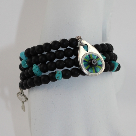 Mala Stil Wickel-Armband aus Onyx und Türkis mit Mati Auge