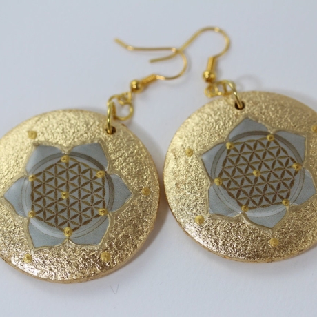 Ohrringe mit Blume des Lebens, Lebensblume Ohrschmuck creme gold