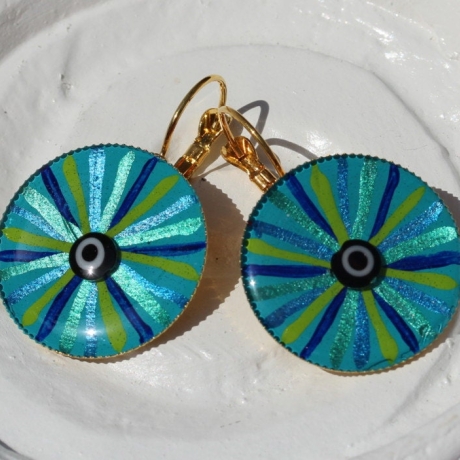 Brisuren Ohrringe mit Auge in Türkis Blau Grün, runde Fassung
