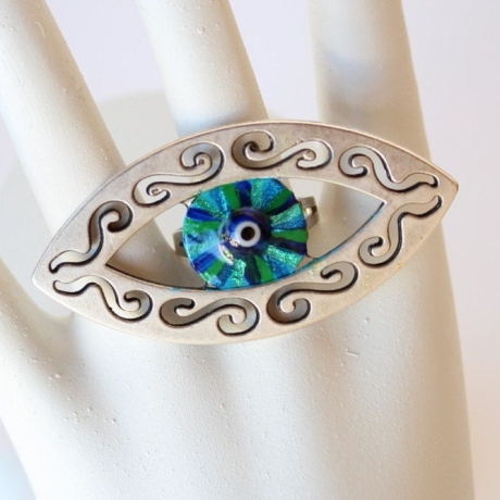 Damen Ring mit Auge in filigranem Rahmen Blau Grün Türkis,