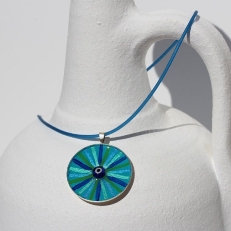 Halskette mit Mati Glücksbringer Auge an Kordel, türkis blau