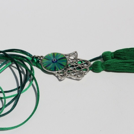Quasten Halskette mit Hamsa Fatima Hand und Glücks Auge, grün