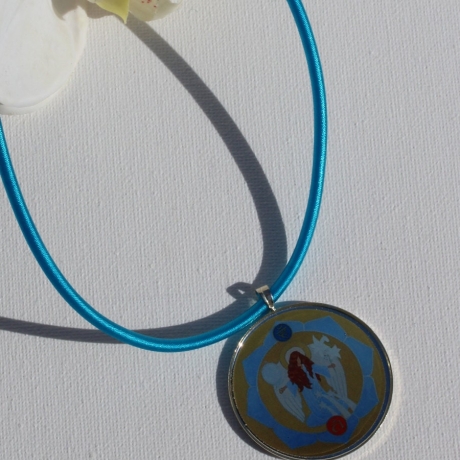 Engel Halskette mit Erzengel Gabriel an Seidenkordel, türkisblau