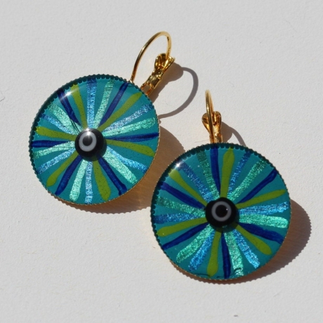 Brisuren Ohrringe mit Auge in Türkis Blau Grün, runde Fassung