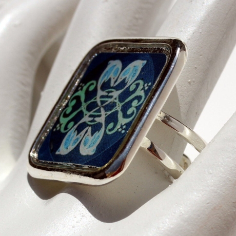 Delphin Mandala Ring mit Quadrat Fassung, Delfin Ring dunkelblau