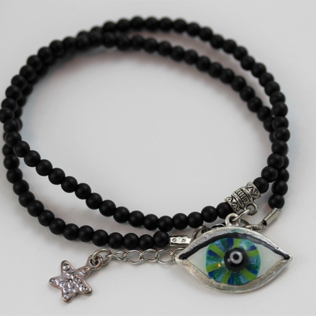 Onyx Halskette oder Armband mit Glücks Auge, schwarz türkis
